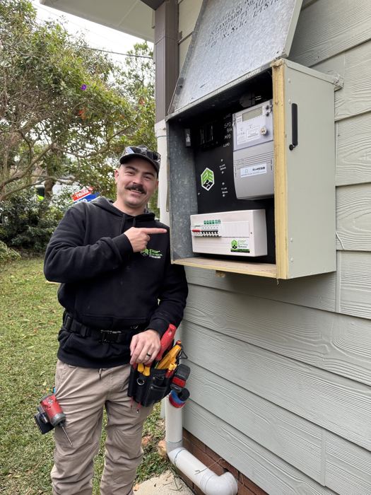 New meter box installed on a weatherboard home
