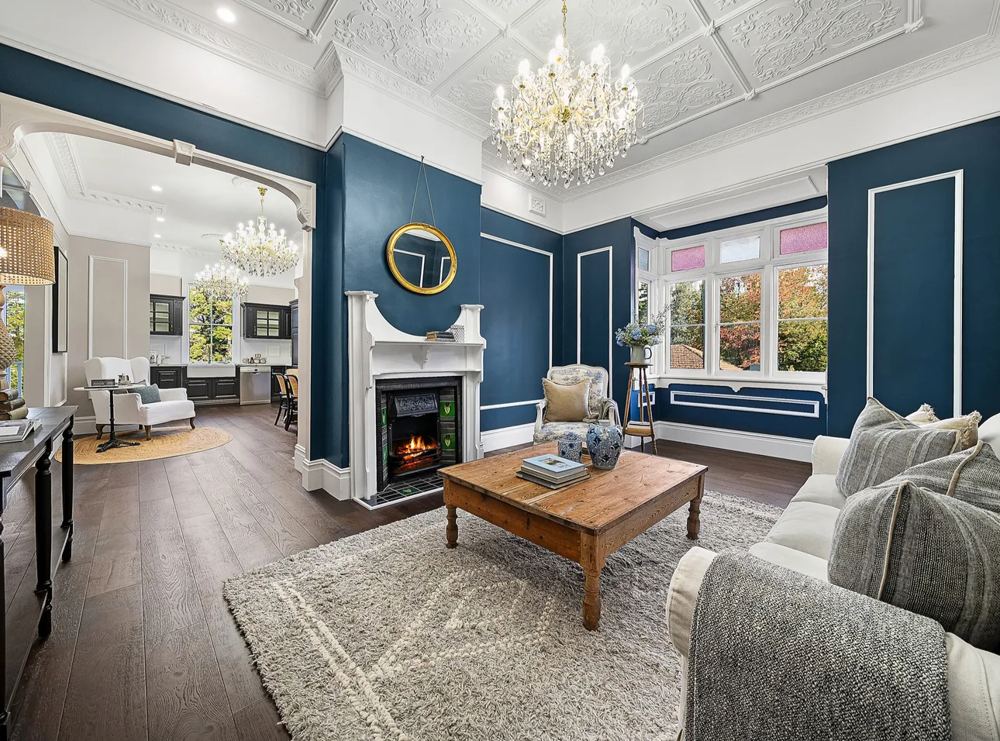 Heritage living room with restored lighting